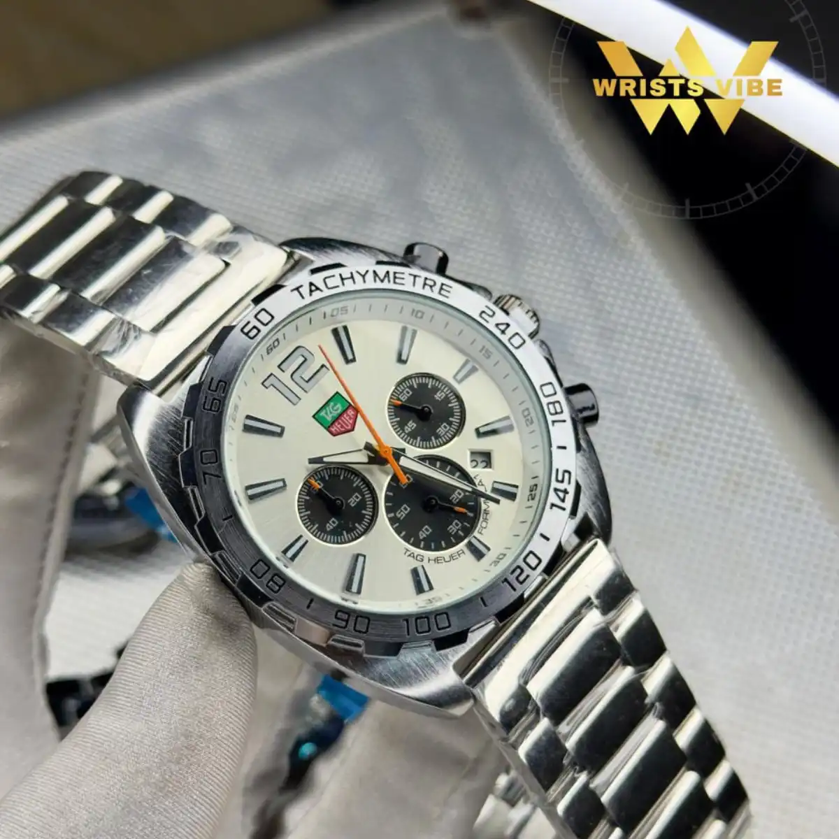 Close up of the Carrera Premium Chronograph Watch stainless steel chain strap