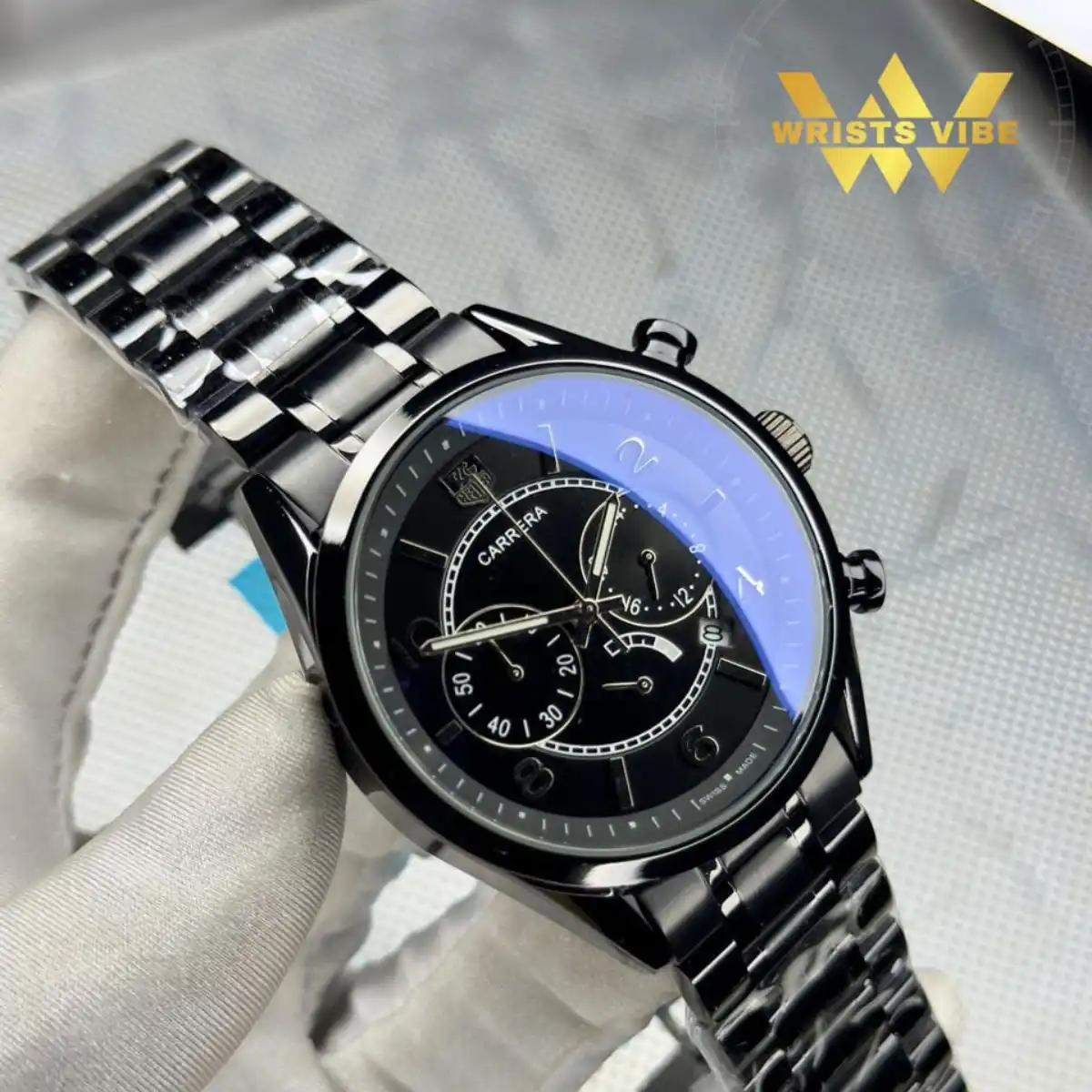 Front view of the Carrera Premium Chronograph Watch on a man's wrist
