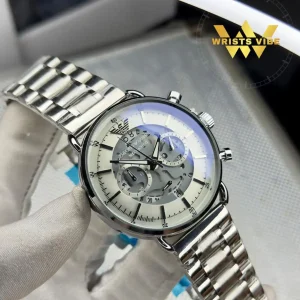 Close up of the Emporio Armani Premium Chronograph Watch stainless steel chain strap