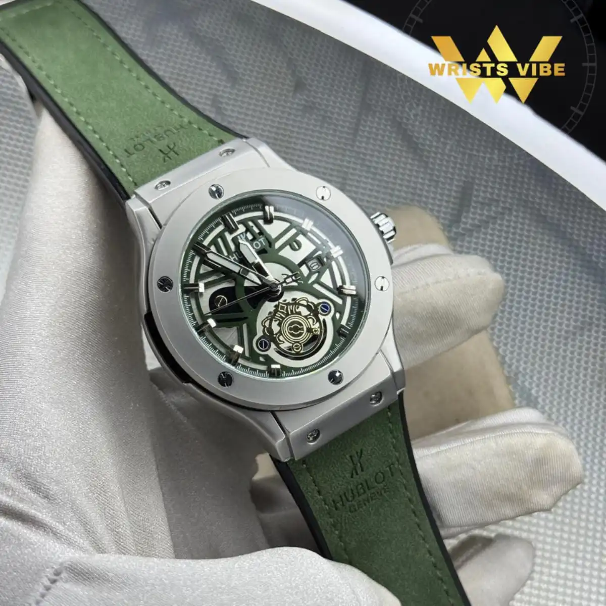 Hublot Premium Automatic Watch side profile with green leather strap