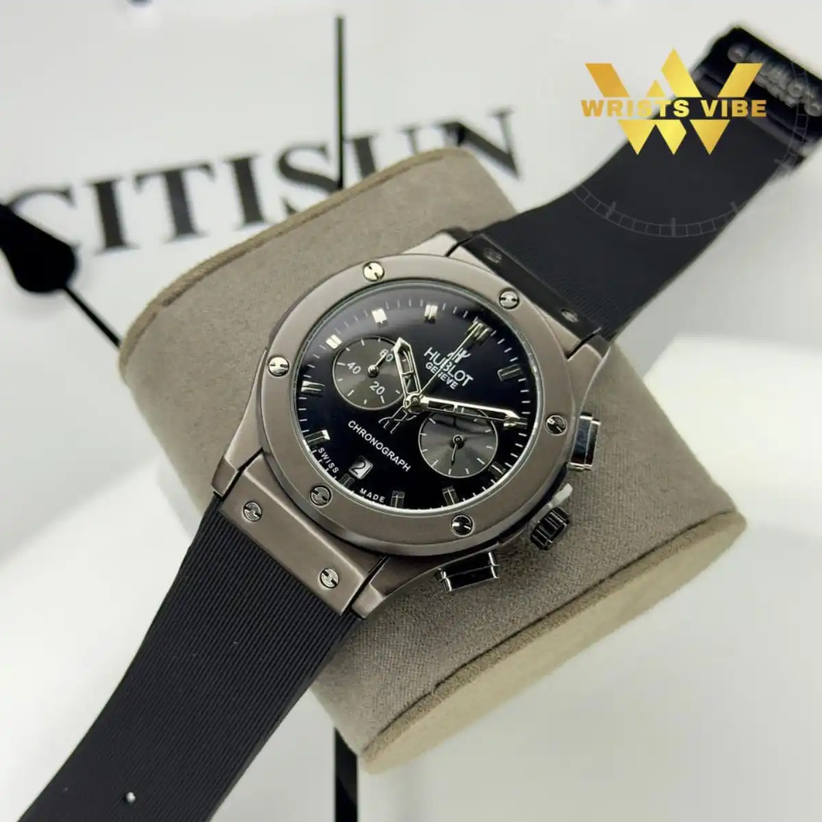 Water droplets on the mineral glass of the Hublot Chronograph Premium Watch