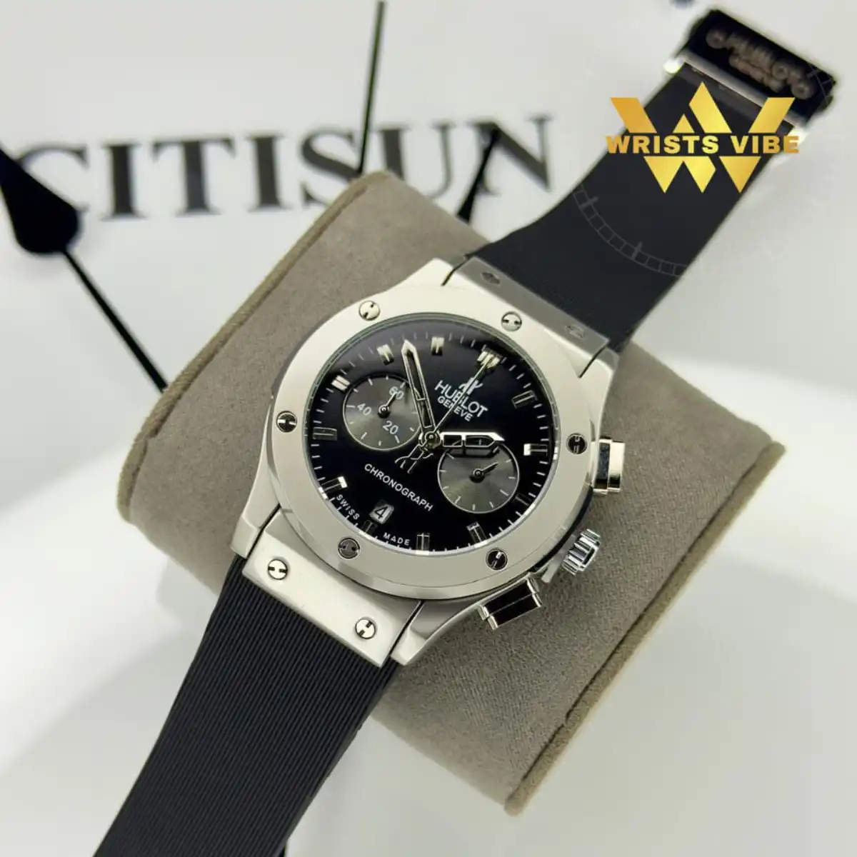 Side profile showing the gold-tone stainless steel case of the Hublot Chronograph Premium Watch