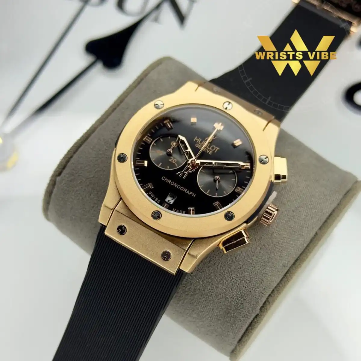 Front view of the bold Hublot Chronograph Premium Watch showing the gold-tone case