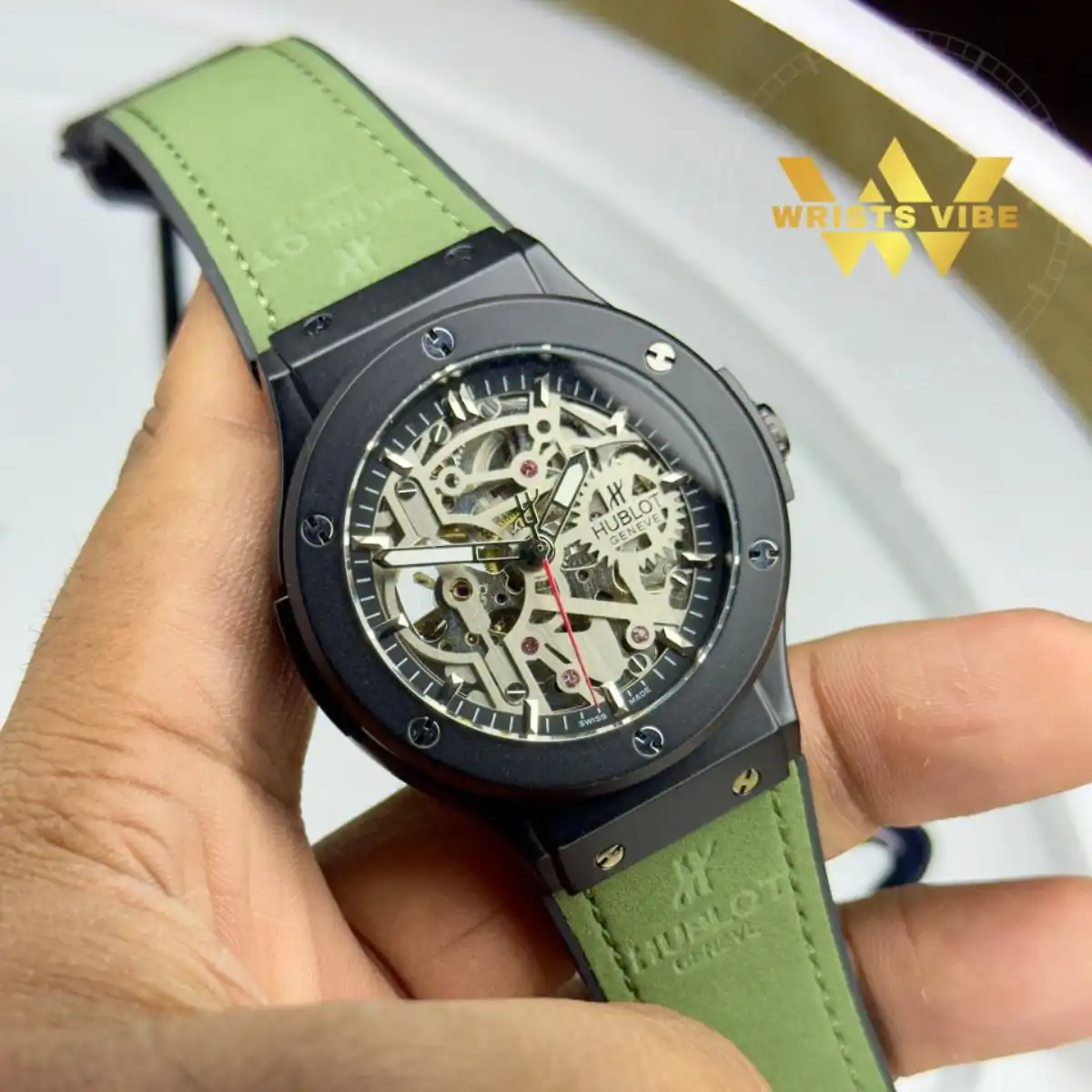 Close up of the premium green leather strap on the Hublot Classic Fusion Skeleton Edition