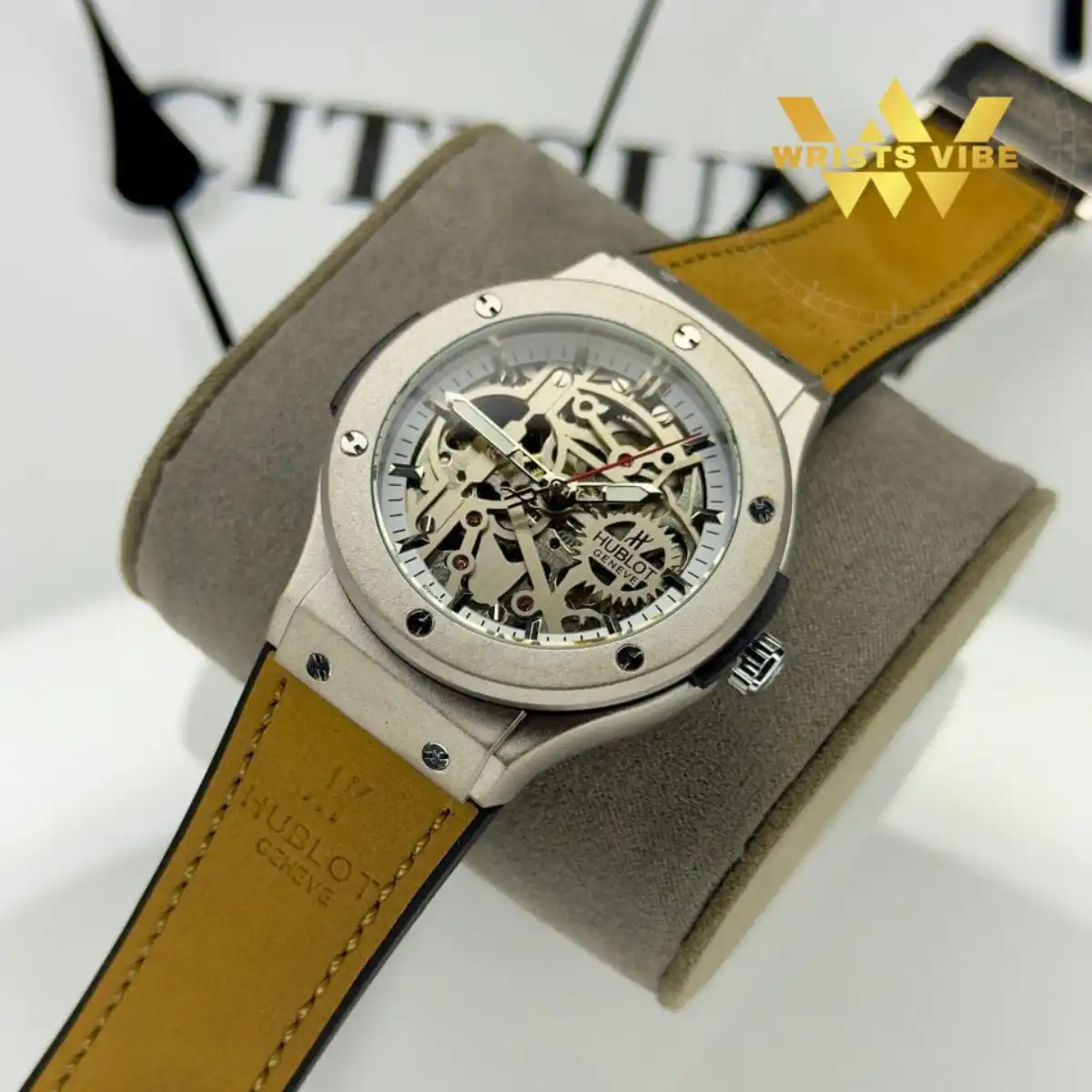 Side profile showing the matte black stainless steel case of the Hublot Classic Fusion Skeleton Edition