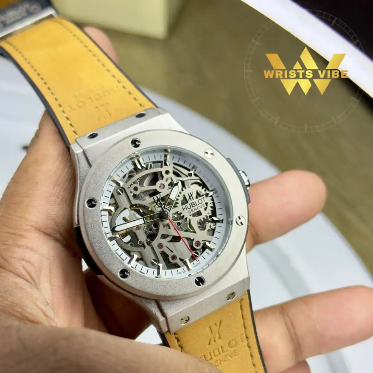 Alt Text: Blurred motion shot highlighting the smooth sweeping second hand of the Hublot Classic Fusion Skeleton Edition