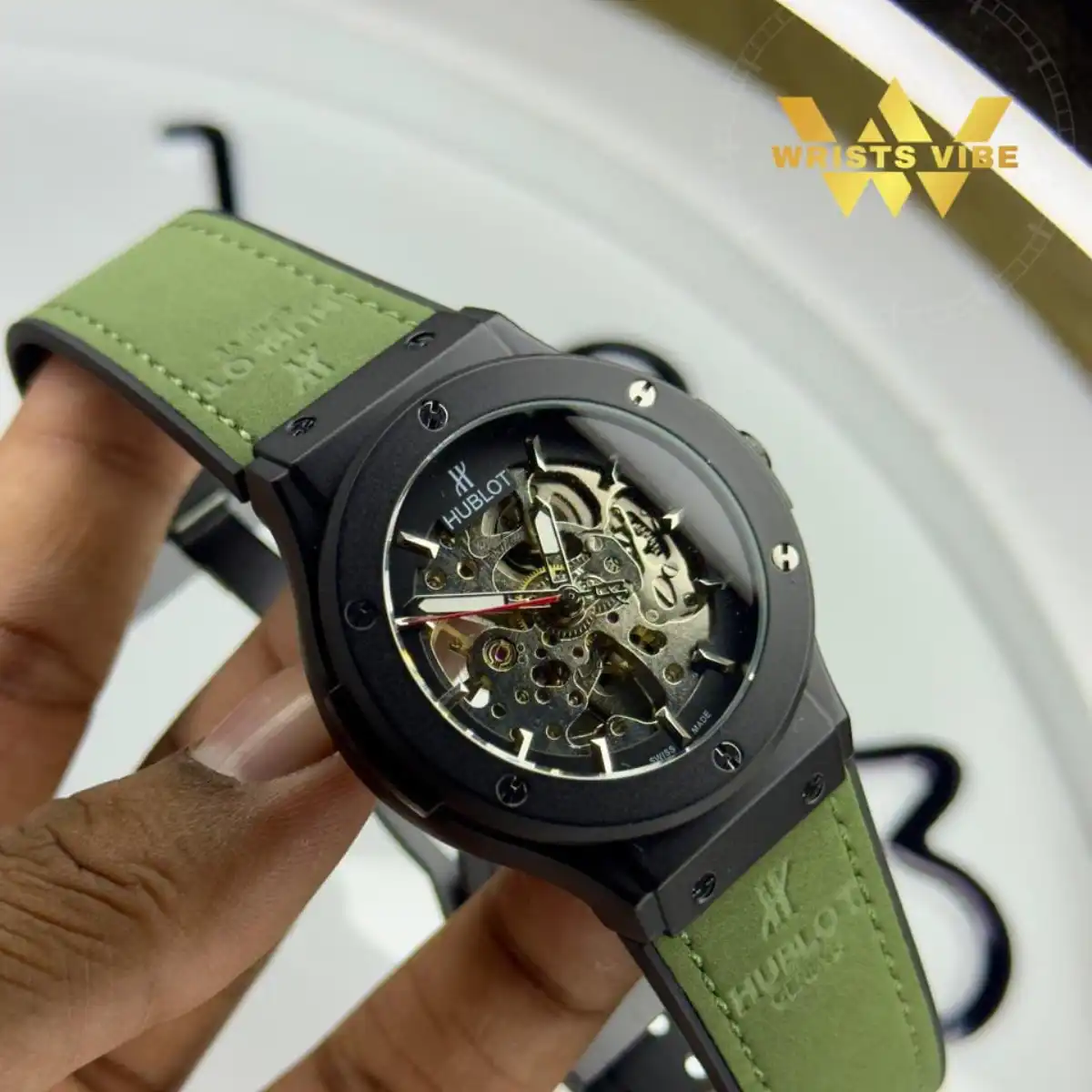 Front view of the striking Hublot Classic Fusion Skeleton Edition with a matte black case