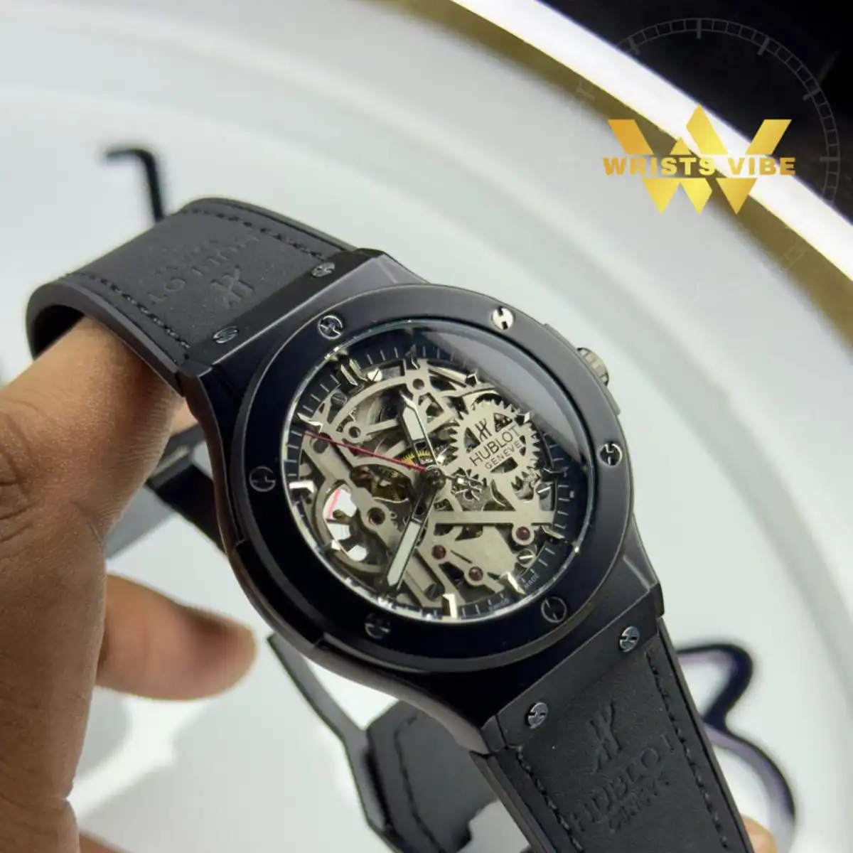 Zoomed in view of the transparent open dial on the Hublot Classic Fusion Skeleton Edition