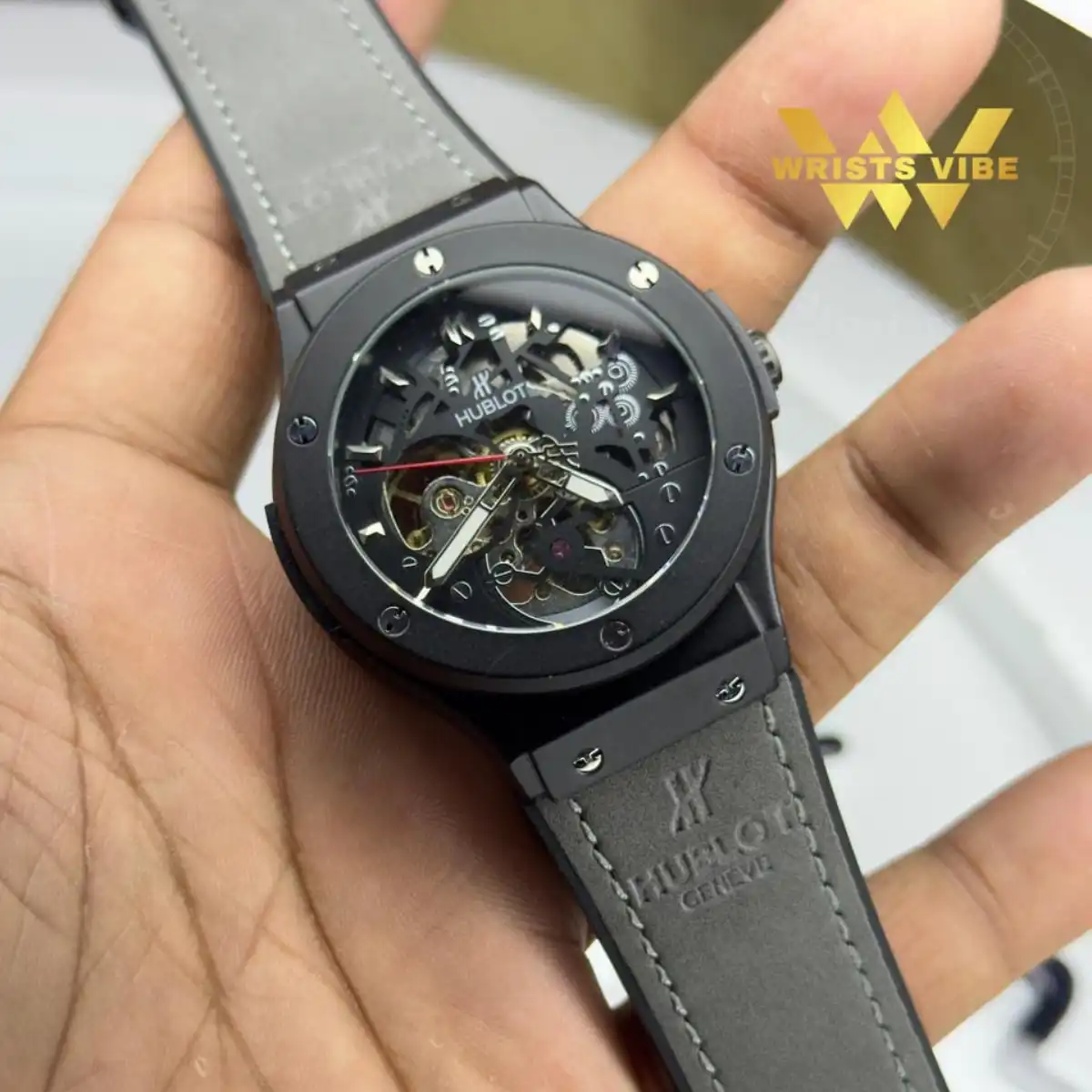 Close up of the premium grey leather strap on the Hublot Skeleton Edition Watch
