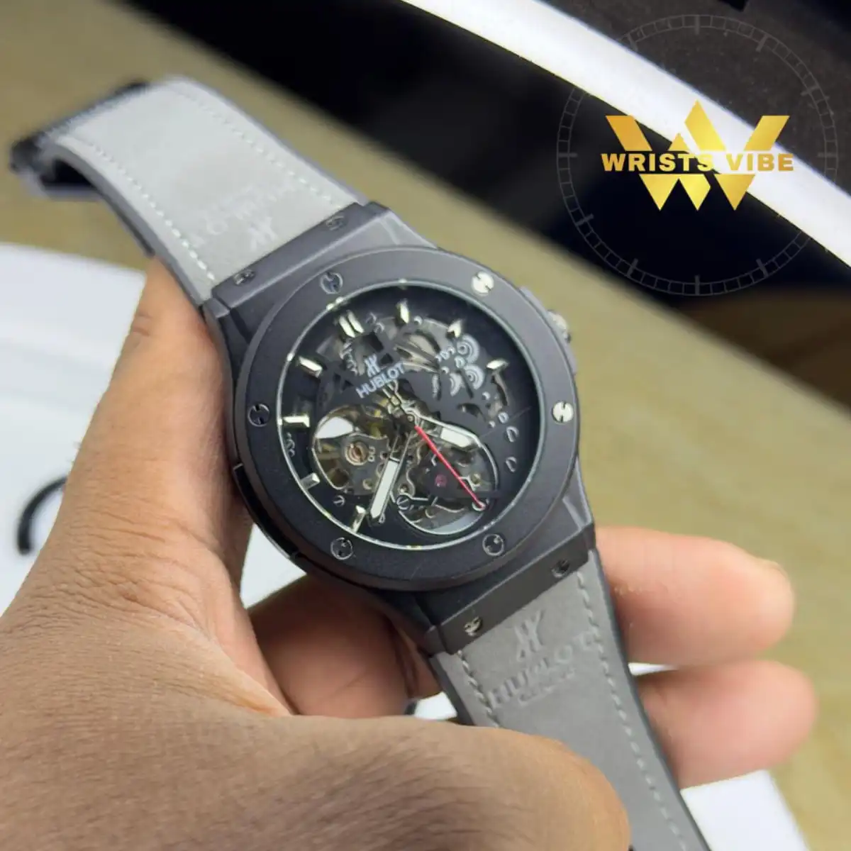 Zoomed in view of the mechanical style interior of the Hublot Skeleton Edition Watch