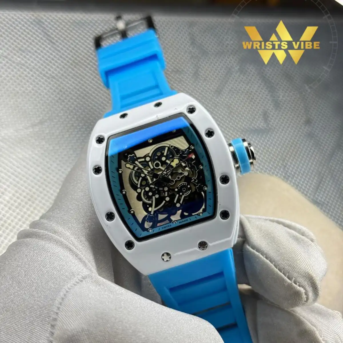 RICHARD MILLE Premium Watch sky blue rubber strap closeup